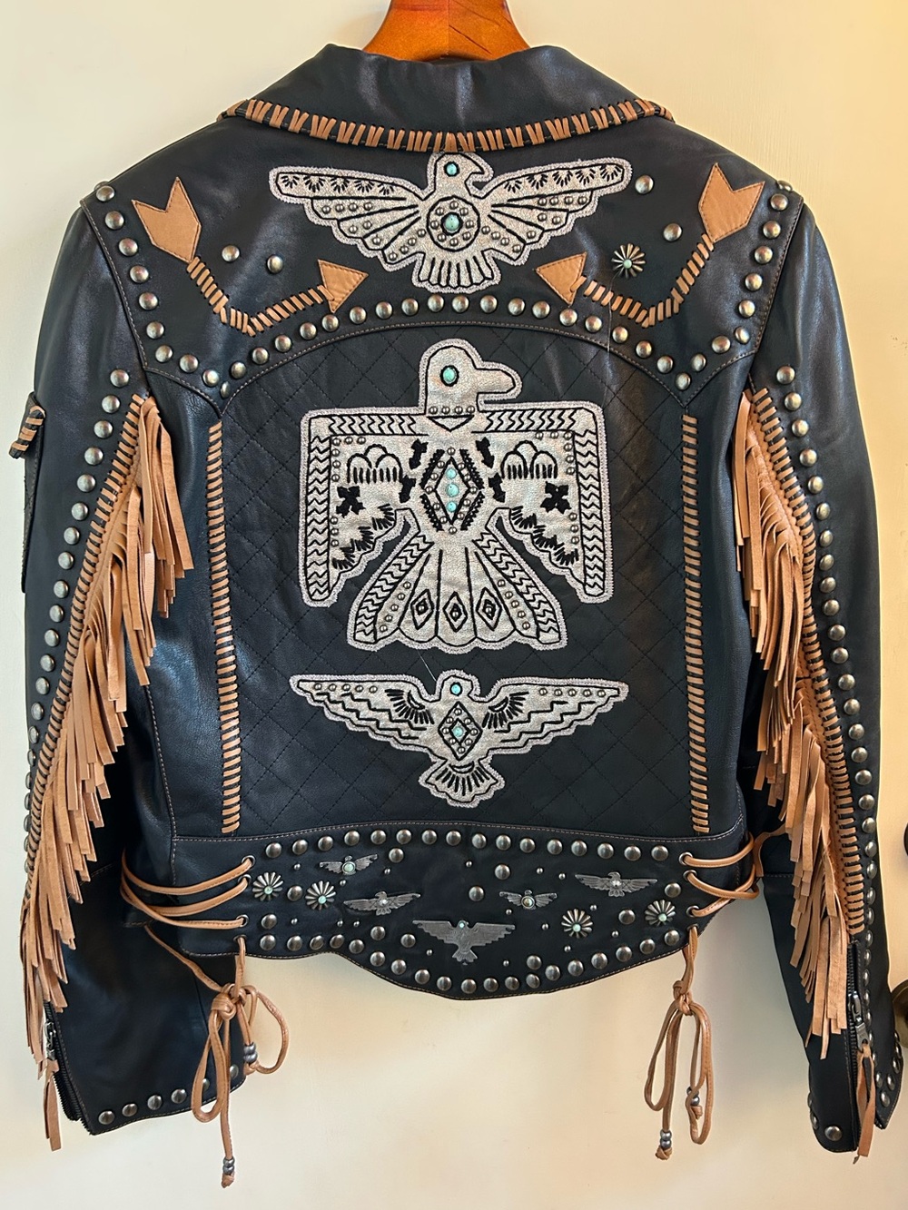 Double D Ranch “Rainbird” Western Fringe Embellished Leather Jacket. M